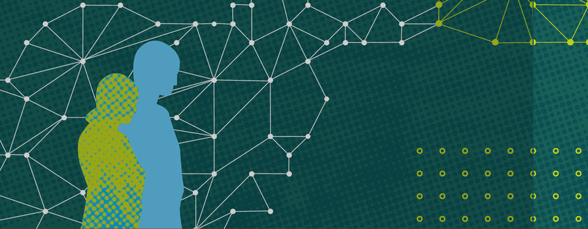 Silhouette von zwei Personen vor einem Netzwerk aus verbundenen Punkten. Zwei Silhouetten vor einem geometrischen Muster aus verbundenen Linien und Punkten auf grünem Hintergrund.